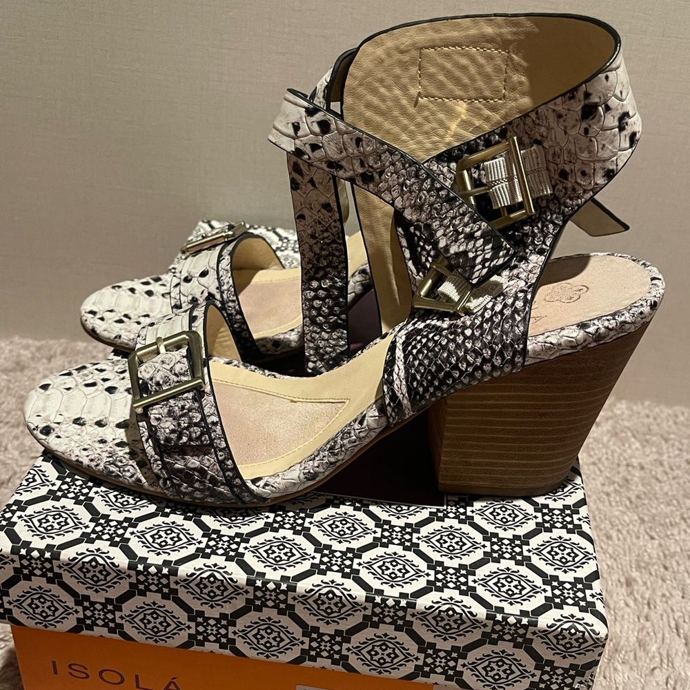 Isola Black and White Snake-Print Block Heel Sandals